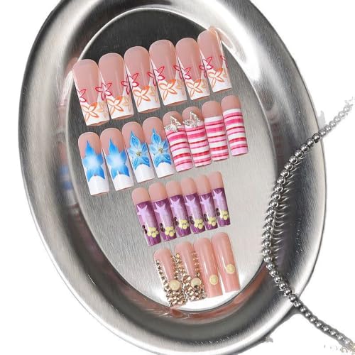 RTKHFZE Colorful Y2K Long Square Press On Nails with 3D Blue Flowers - Style21