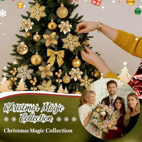 Gold 76-Piece Christmas Tree Decorations Set Holiday Ornaments & Poinsettia Flowers