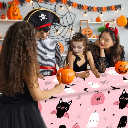 Pink Halloween Plastic Tablecloth 54x108 Inch - 3 Pack, Ghost Pumpkin Bat Design, Disposable Party Decor