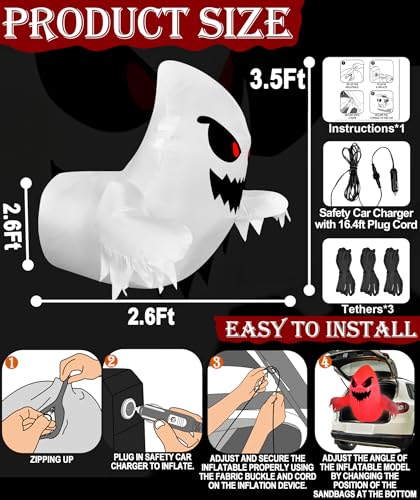 3.5FT Inflatable Ghost Car Decoration Kit for Halloween Trunk or Treat Outdoor Party