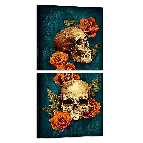 Gothic Skull Wall Art Set - 2 Canvas Prints with Roses for Home Decor