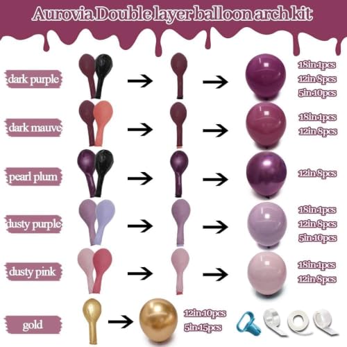 Dark Purple Pink Balloon Garland Kit Double Stuffed Plum Mauve Burgundy Gold Arch with 5-18 Inch Balloons - Variation of Dark Purple Pink Gold