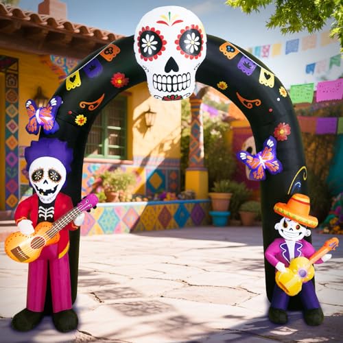 Large Halloween Inflatable Archway with LED Lights - Day of the Dead Skeleton & Sugar Skull Decor