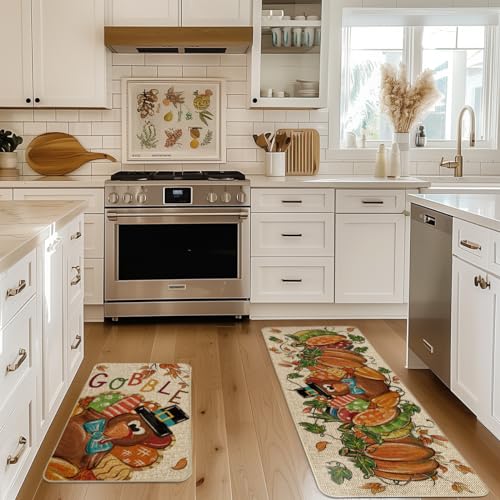 Set of 2 Thanksgiving Kitchen Rugs - Turkey Pumpkin Maple Leaves Floor Mats