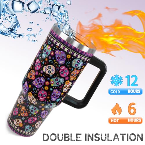 Halloween Day of the Dead Tumbler with Handle 40oz Sugar Skull Travel Mug - Multi Skull Variation