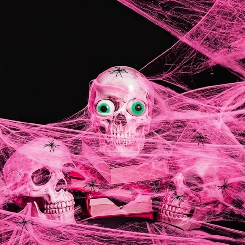 Pink Halloween Spider Web Decor with 60 Fake Spiders - 1000 Sq Ft Indoor Outdoor