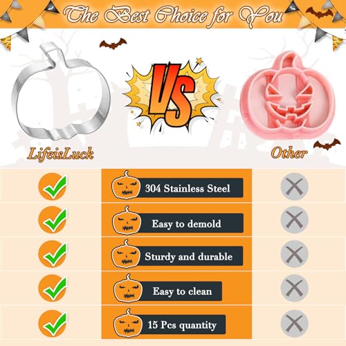 15 Pcs Halloween Cookie Cutters Set - Stainless Steel Ghost Pumpkin & More Shapes