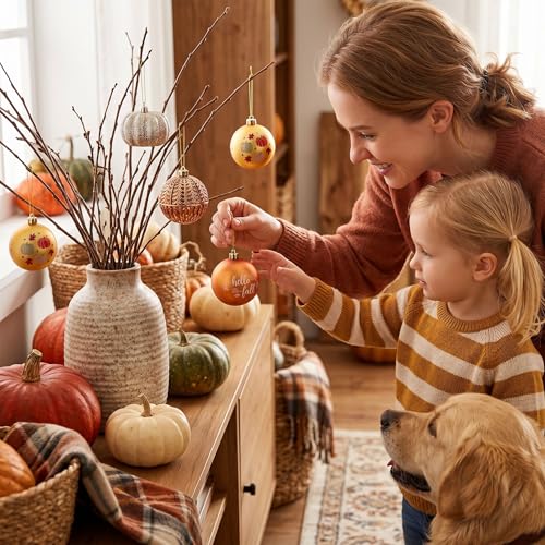 Fall Ornaments Christmas Tree Decorations - 2.36 Inch Pumpkin & Autumn Leaf Set - Orange