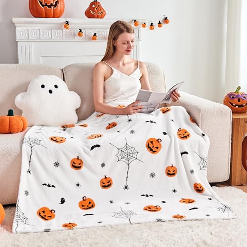 Halloween Throw Blanket 50x60 Inches - Spooky Pumpkin Bat Web Print Cozy Fuzzy Blanket for Couch Bed Kids & Adults - Variation of THIS listing 03 White