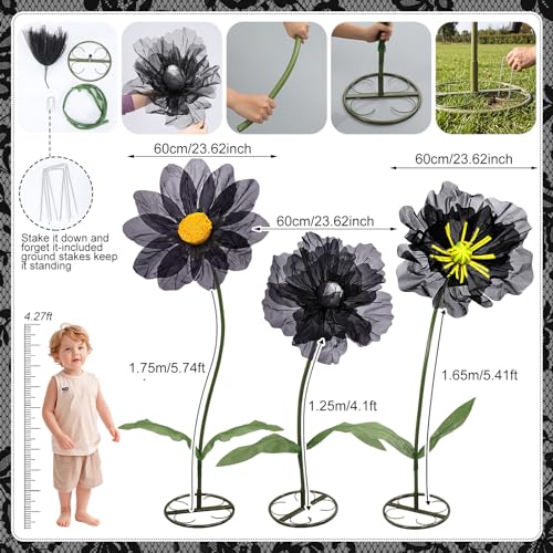 Halloween Black Giant Artificial Flowers Set of 3 - Mesh Floral Decorations
