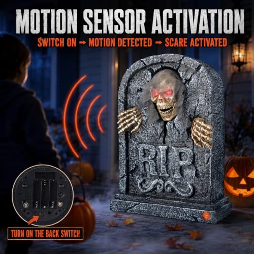 Motion Activated Halloween Animatronic Zombie Tombstone with LED Eyes & Creepy Voice - Indoor/Outdoor Decor