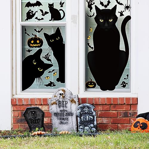 Halloween Window Clings Set - Black Cat, Pumpkin, Bats, Spiders Glow in Dark Decorations