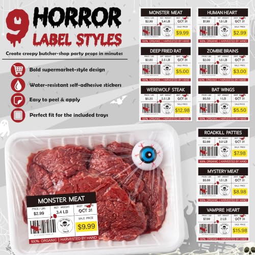 Halloween Spooky Meat Tray Labels Set with Plastic Eyeballs & Cling Film