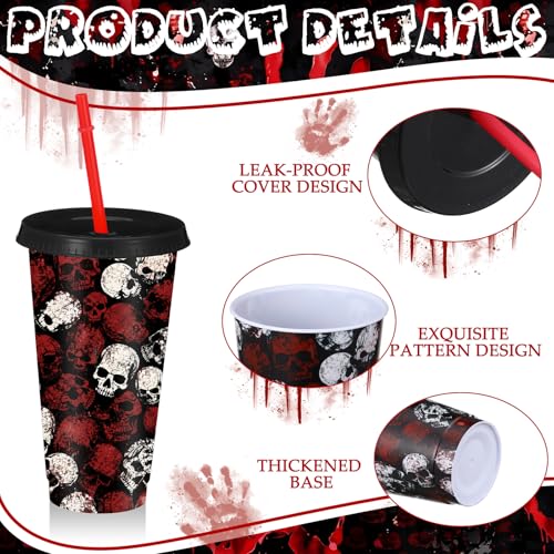 24 Pack Halloween Horror Plastic Cups with Lids & Straws - 24 oz Reusable Party Drinkware
