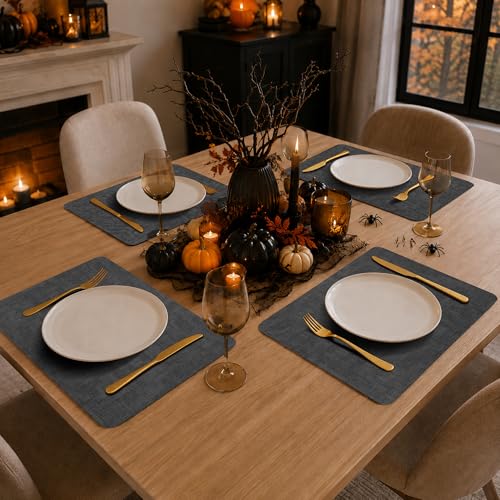 Faux Leather Placemats Set of 8 - Dark Grey, Rectangular, Waterproof & Heat Resistant