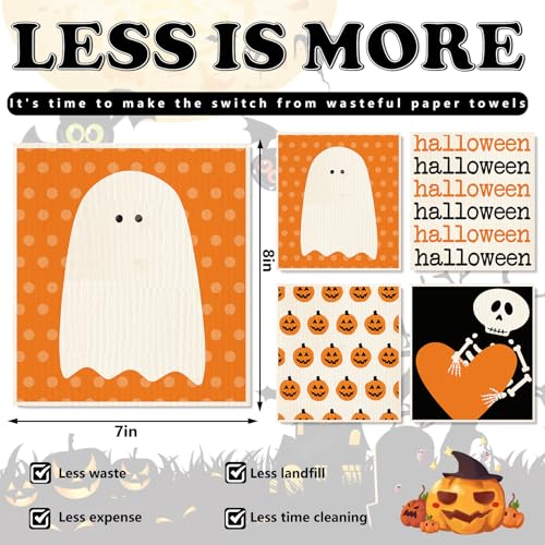 Halloween Ghost Pumpkin Swedish Dishcloths - Reusable Cotton Kitchen Towels - 4 Pack, 7x8 Inch