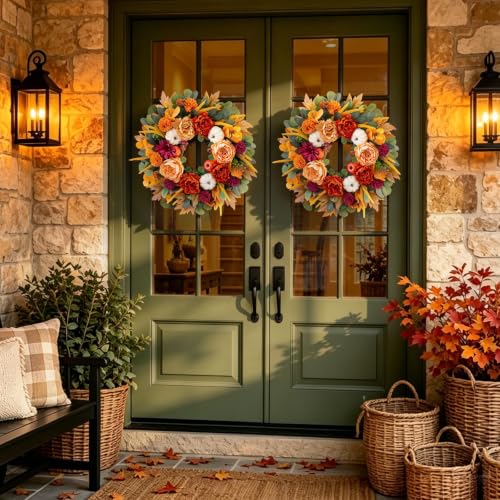 Fall Peony Wreath - 24 Inch Autumn Front Door Wreath with Orange Peony & Burgundy Dahlias