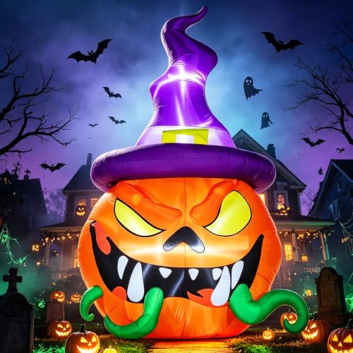 12FT Halloween Inflatable Pumpkins with Witch's Hat & Vines - Outdoor Yard Decor