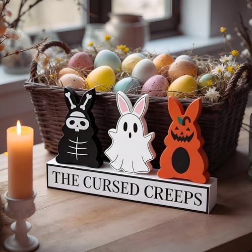 Gothic Easter Bunny Decorations Set - Wooden Skeleton Ghost Pumpkin Table Centerpiece