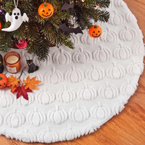 48 Inch Fall Tree Skirt Cream White Plush with 3D Pumpkins - Seasonal Decor