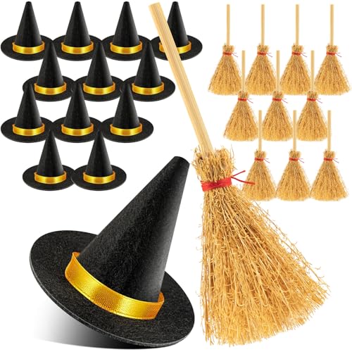 Black 28-Piece Mini Witch Hat Set for Halloween Crafts & Party Decor