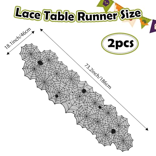 Halloween Lace Table Runner 2 Pack - Black Spider Web Design, 18x73 Inches - Gothic Halloween Decor