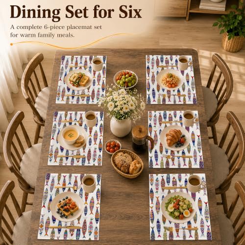 Colorful Fish Linen Placemats Set of 6 - Waterproof Washable Table Mats