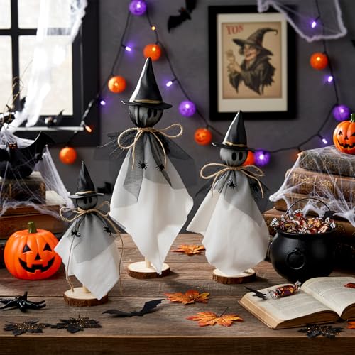Halloween Ghost Decorations Set of 3 Rustic Wooden Tabletop Figures with Witch Hats