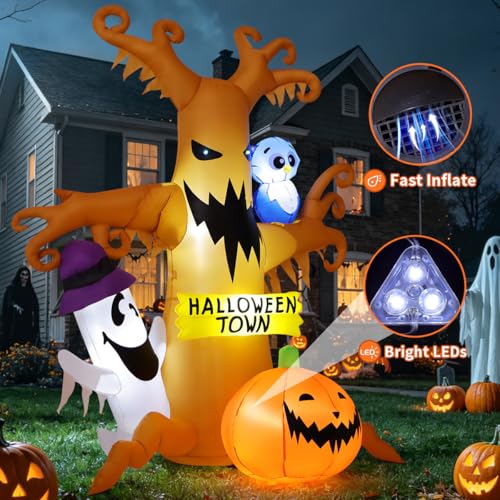 8 FT Halloween Inflatable Dead Tree Decoration with Owl Ghosts Pumpkins & LED Lights - Movable