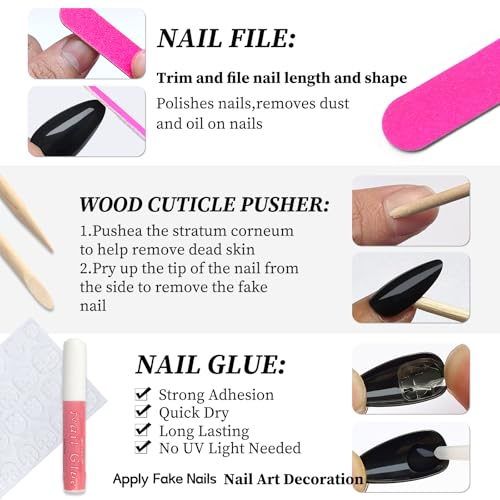 Lifextol Black Almond Press On Nails Medium Length - 240pcs Fake Nails with Glue & Tabs