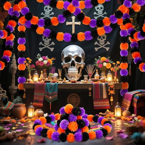 Artificial Marigold Garland 5 Feet - Orange Black Purple Diwali Wedding Decorations, Set of 3