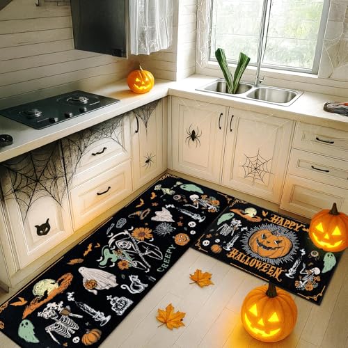 Retro Skeleton Halloween Ghost Kitchen Rugs Set of 2 - Black & White, Non-Slip, Easy Clean