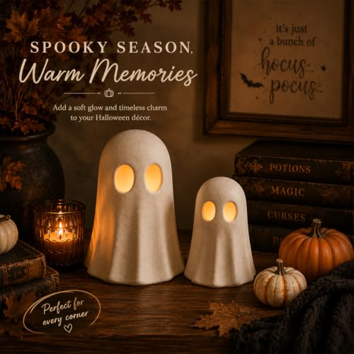 Halloween Ghost Figurines with LED String Lights - 7.87 & 5.91 Inches, Terracotta Decor Set - 2 Pieces - Variation of THIS listing