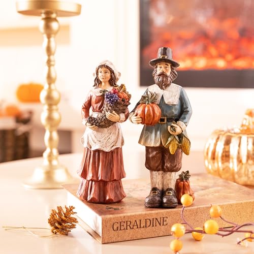 Medium Fall Decor Set - 2 Pcs Pilgrim Figurines for Indoor Outdoor Thanksgiving Autumn Harvest
