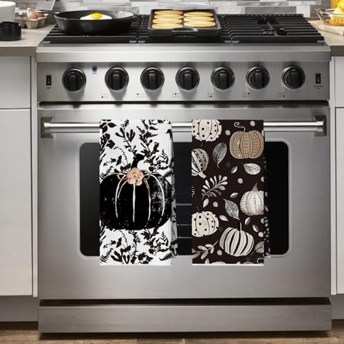 Microfiber Kitchen Towels Set of 2 - Black Polka Dot Pumpkin Design, 12x24 Inches, Quick Dry