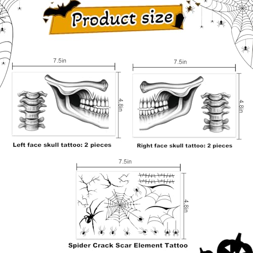 Skeleton Face Tattoo Kit for Halloween Costume Makeup - 2 Pairs of Temporary Tattoos with Spider Design
