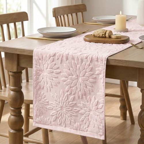 Pink 13x72 Inch Cotton Table Runner - Floral Dahlia Pattern, Spring Home Decor
