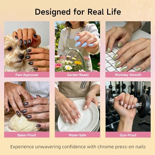 Black Chrome Short Press On Nails - 32 Pcs Glitter Mirror Fake Nails with Glue