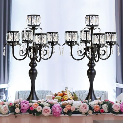 Crystal Candle Holder Set - Black 5-Arm with Square Crystal Bowl, 22-Inch Wedding Centerpiece - Variation of Square-Crystal Bowl / Black / 2