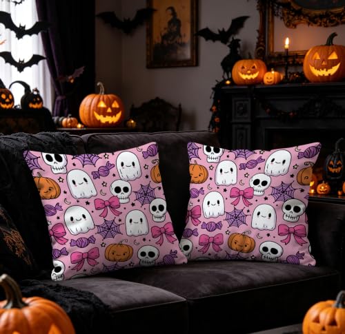 Pink Ghost Skull Throw Pillow Covers 20x20 Inch Set of 2 Halloween Cushion Covers - Pink Ghost Variation