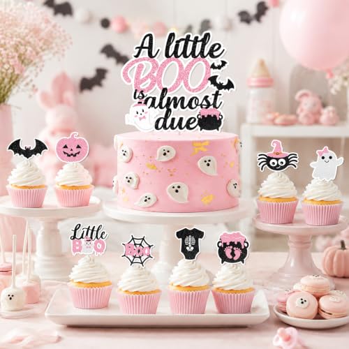 Pink Baby Shower Decorations Set - Halloween Ghost Theme, Cake Topper & Balloons