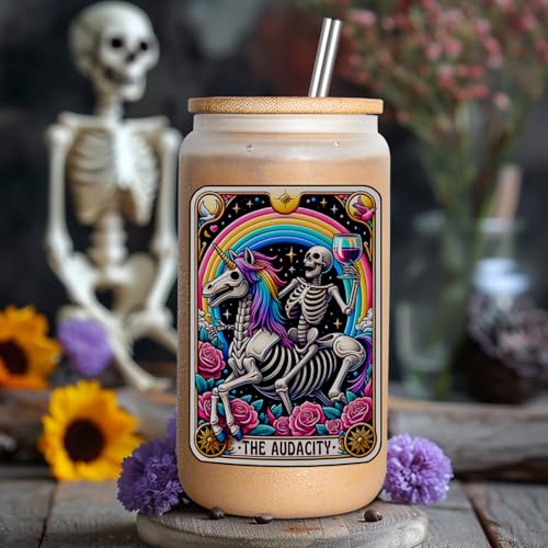 16oz Frosted Glass Coffee Cup with Lid & Straw - Cute Gothic Skeleton Design