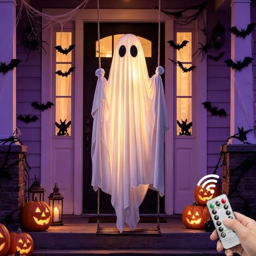 Large 5FT Hanging Ghost Swing Halloween Decor with 13FT Adjustable Length and Lights - Outdoor Yard Decoration