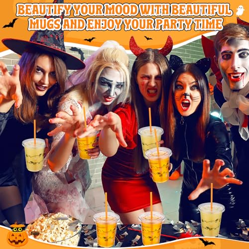 Halloween Plastic Cups with Straws and Lids - 50 Pack, 12oz, Orange, Classic Style