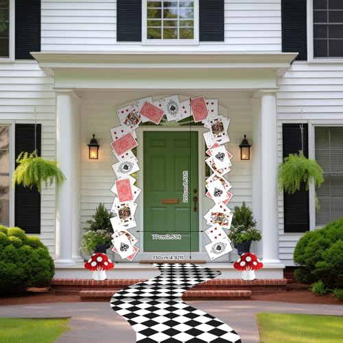 Wonderland Tea Party Decoration Set with Poker Cards, Checkered Runner & Mushrooms