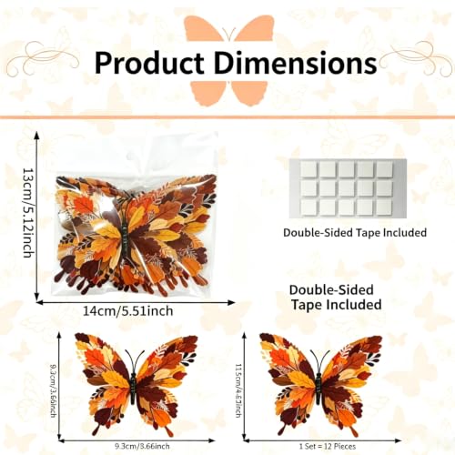 Fall 3D Butterfly Wall Stickers - 12 Pack Autumn Maple Leaf Decor for Halloween Thanksgiving