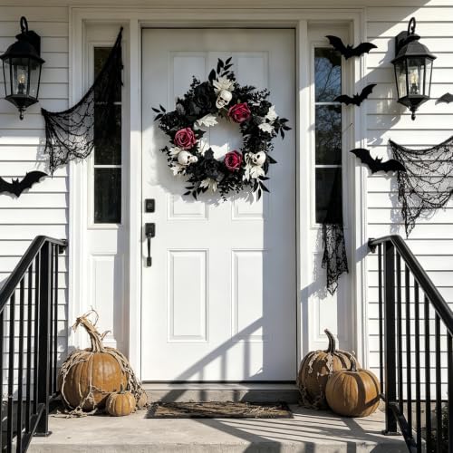 Halloween Skull Wreath for Front Door - Gothic Black & Burgundy Decor Variation: Black