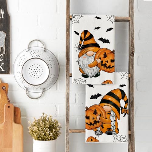 Pumpkin Gnome Halloween Kitchen Towels Set of 2 - 18x26 Inch Decorative Dish Towels