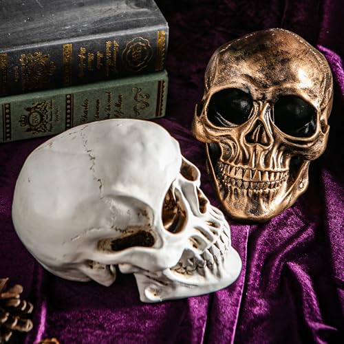 Halloween Skull Statues Set of 2 - Resin Skeleton Heads for Indoor Decor, Gold & White, 7.7 Inch
