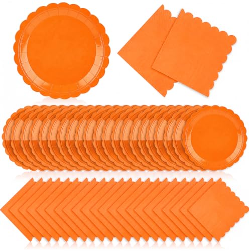 Orange Paper Plates and Napkins Set - Fall Themed 7 Inch Disposable Dinnerware - Variation: Orange